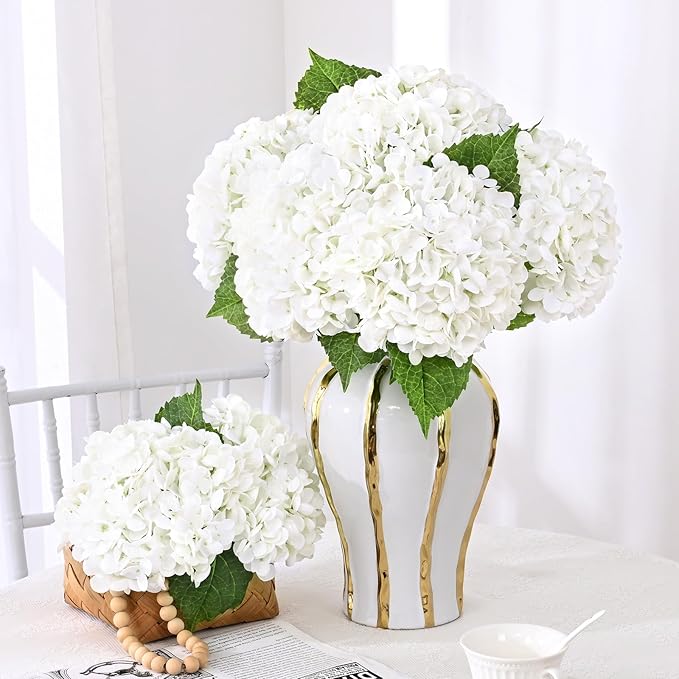 3 Pcs Real Touch Hydrangea Artificial Flowers, 21" White Full Faux Hydrangea Flowers Latex Fake Flowers for Home Decor Party Floral Arrangements Wedding Bouquets Centerpieces Outdoor Decor