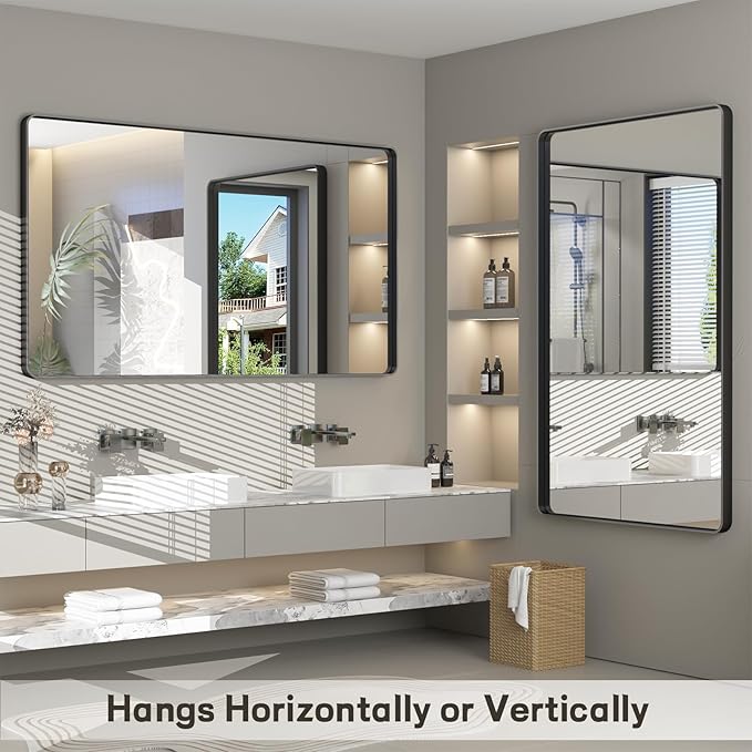 40x30 Inch Black Framed Bathroom Mirror for Wall, Matte Metal Framed Wall Mirror, Rounded Rectangle Bathroom Vanity Mirror, Tempered Glass, Anti-Rust, Shatterproof (Horizontal/Vertical)