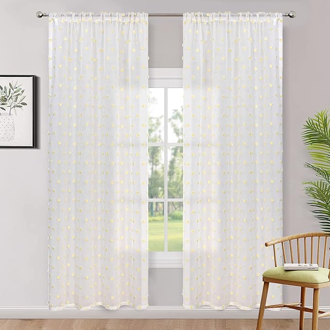 MYSKY HOME Pom Pom White Sheer Curtains for Girls Bedroom Mustard Yellow Curtains for Nursery 84 Inch Long Living Room Curtains 2 Panels Light Filtering Rod Pocket Window Drapes 52 x 84 inch