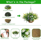 Artificial Hanging Flowers Basket, 12 UV-Resistant Bundles of Realistic Fake Flowers, Faux Plants for Outdoor Decor, Home, Garden, Porch, Patio, Spring & Summer Decorations, Yellow Purple White