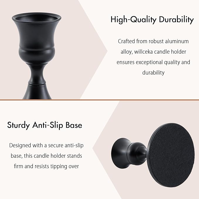 Black Taper Candle Holder, Candlestick Holders, Vintage Metal for Table Centerpieces Wedding Decor (Matte Black, 12 Pcs)