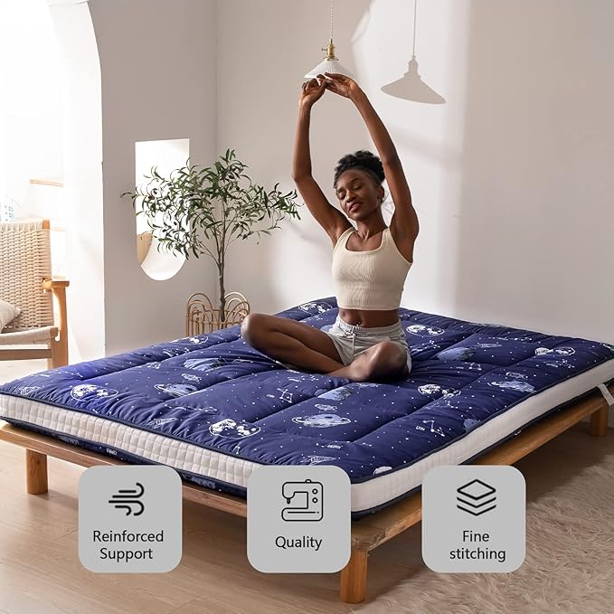 MAXYOYO Navy Space Adventure Futon Mattress, Padded Japanese Floor Mattress Quilted Bed Mattress Topper, Extra Thick Folding Sleeping Pad Floor Lounger Guest Bed for Camping Couch, Twin Size