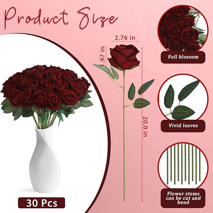 30pcs Fake Roses Artificial Silk Flowers Long Stems Bouquet for Wedding Bridal Shower Party Home Decoration(Wine Red)