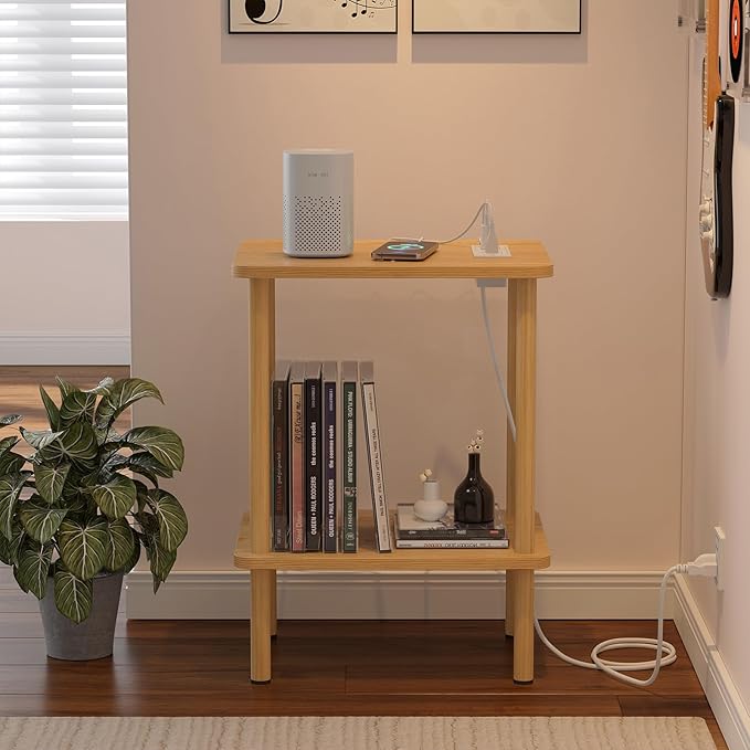 Apicizon 2 Tier End Table Set of 2, Small Side Table with Charging Station, Boho Bedside Table with USB Ports and Outlets, Nightstand for Small Spaces, Bedroom, Living Room, Easy Assembly, Natural