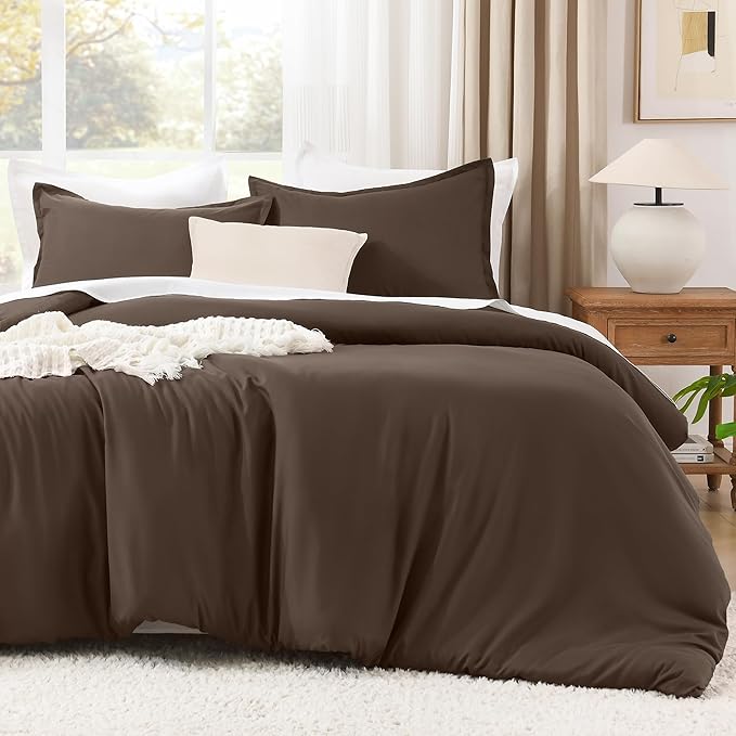Litanika Comforters King Size Chocolate, 3 Pieces Lightweight Solid Bedding Set & Collections, All Season Fluffy Bed Set (104x90 Inches Comforter & 2 Pillowcases)