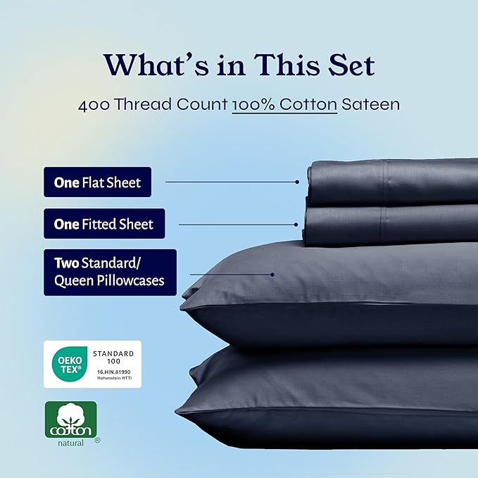 California Design Den Natural 100% Cotton Cooling Sheets for Queen Size Bed - Soft 400 Thread Count Sateen, Deep Pockets with All Around Elastic for a Snug Fit, Durable Bedding - Indigo Dusty Blue