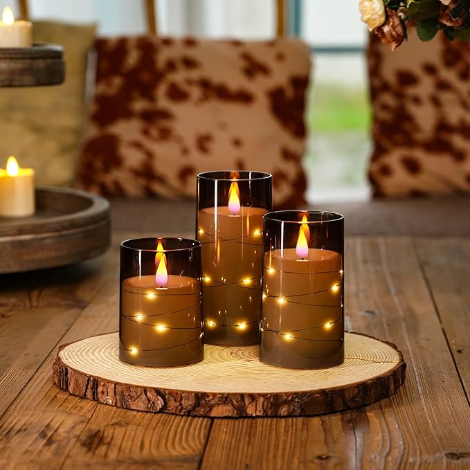 Homemory Flickering Flameless Candles with String Lights, Battery Operated Candles, Embedded String Lights LED Candles, Unbreakable Plexiglass with Remote, Set of 3, Grey