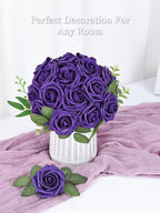 MACTING Dusty Purple Artificial Flower Roses 60PCS Real Touch Fake Flowers with Stem Foam Rose for DIY Wedding Bouquet Table Centerpieces Craft Party Holiday Home Mothers Day Decorations