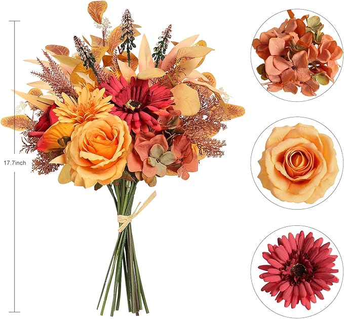Artificial Fall Flowers Bouquet for Decoration, Fall Fake Silk Flower Arrangements Faux Autumn Flowers Fall Decorations for Home Indoor Office Wedding Bride Bouquets Tables Centerpieces Fall Decor