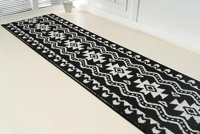 Custom Length Cut to Size Tribal Ethnic Southwestern Inspired Hallway Runner Rug, Non Slip Rubber Backed, 31 inch Wide X Customized Length, Aztec Black, 31 inch X 3 feet, Doormat Size