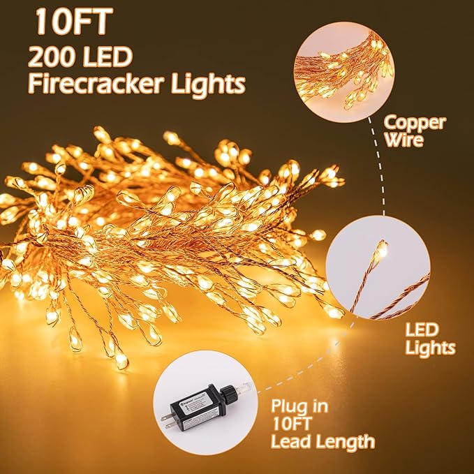 2Pack Firecracker Fairy Lights Plug in, 10Ft 200 LEDs Cluster String Lights, 8 Mode Lighting Copper Wire Lights for Bedroom Wreath Fireplace Wedding Indoor Christmas Tree Decorations, Warm White