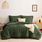 CozyLux Queen Comforter Set Olive Green Seersucker 7 Pieces Bed in a Bag Queen Comforter Set with Sheets Luxury Soft Bedding Set with Down Alternative Comforter, Sheets, Pillowcases & Shams All Season