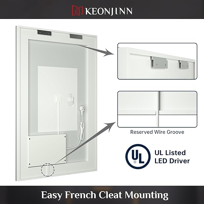 Keonjinn LED Bathroom Mirror with Lights, 60 x 40 Inch, Dimmable, Anti-Fog, Waterproof, Wall Mounted, Home Mirror