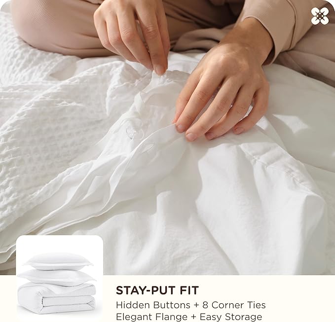 Bedsure Cotton Duvet Cover Queen - 100% Cotton Waffle Weave Coconut White Duvet Cover Queen Size, GentleSoft™ and Breathable Bedding Set for All Season, 3 Pieces, 90"x90"