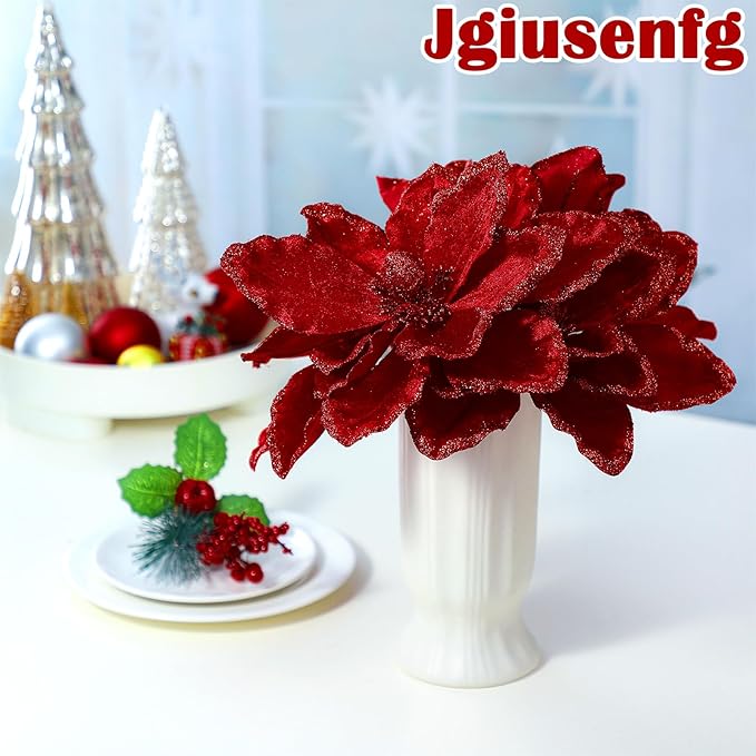 8 Pcs Large Christmas Flower Magnolia Flowers Christmas Tree Decoration Artificial Poinsettia Stems Velvet Xmas Ornaments for Xmas Tree Table Decor(Burgundy,12 Inch)
