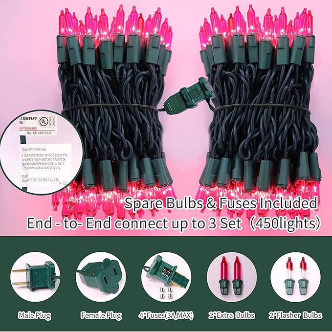 LAMPHOME Super-Bright Extendable Pink Christmas Lights Decoration 300Lights 63.8ft(2pk of 150L) UL Certified Mini Bulb String Lights Set for Outdoor Christmas Tree Garden Holiday Party Patio Decor