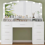 usikey 43.3" Vanity Desk with Large Lighted Mirror, Makeup Vanity Table with 7 Drawers & 10 Lights Bulbs, 3 Lighting Colors, Make Vanity Desk, Vanity Table for Women Girls, White