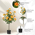 Artificial Camellia Tree 2 Pack, Artificial Plants Outdoor Faux Floral Plant in Cement Pot Fake Silk Camellia Tree Plants for Home House Living Room Office Decor