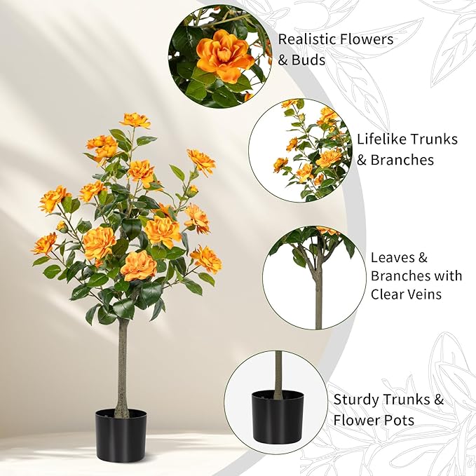 Artificial Camellia Tree 2 Pack, Artificial Plants Outdoor Faux Floral Plant in Cement Pot Fake Silk Camellia Tree Plants for Home House Living Room Office Decor