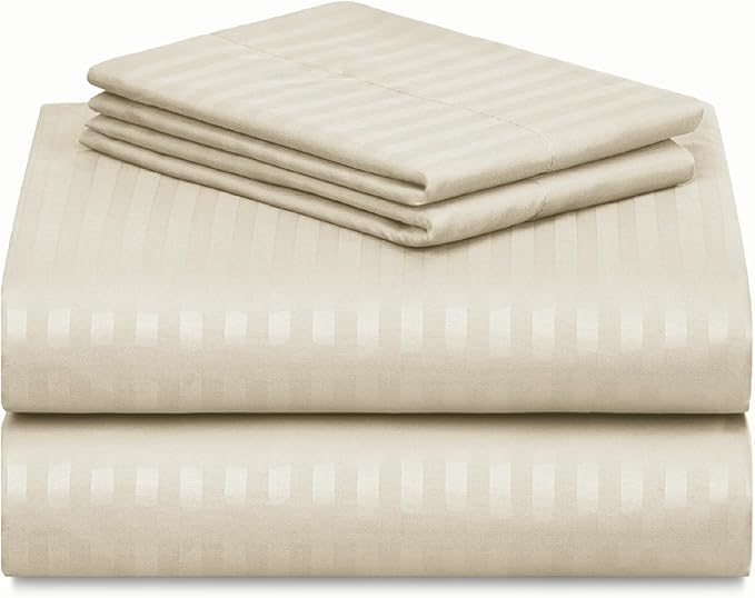 LuxClub Striped Sheets, 3 PC Striped Bed Sheets Twin Size, Deep Pockets 18" Eco Friendly Wrinkle Free-Kids-Fitted Sheets Machine Washable Hotel Bedding (Twin, Cream)