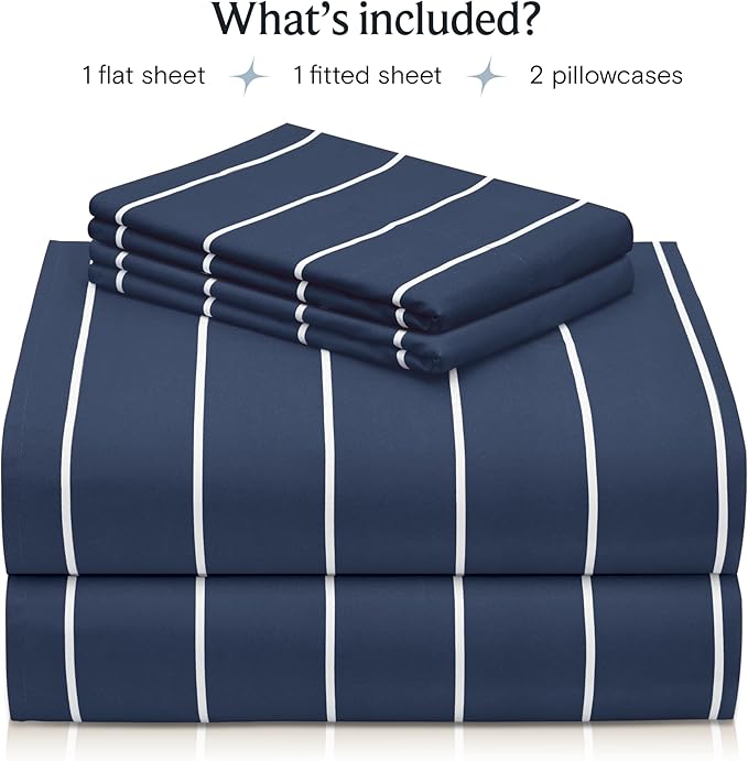LuxClub 4 PC Full Size Sheet Set Bed Sheets, Breathable Luxury Deep Pockets Wrinkle Free Cooling Sheets Machine Washable Hotel Bedding (Full, Striped Navy)