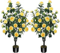 3.6FT Artificial Camellia Fake Tree, Artificial Plants & Flowers with 32 Yellow Flowers for Door Front Decoration Porch Patio Living Room Office Indoor Outdoor Decor (2PCS Contains Dried Moss)