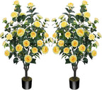 3.6FT Artificial Camellia Fake Tree, Artificial Plants & Flowers with 32 Yellow Flowers for Door Front Decoration Porch Patio Living Room Office Indoor Outdoor Decor (2PCS Contains Dried Moss)