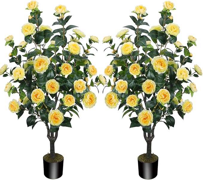 3.6FT Artificial Camellia Fake Tree, Artificial Plants & Flowers with 32 Yellow Flowers for Door Front Decoration Porch Patio Living Room Office Indoor Outdoor Decor (2PCS Contains Dried Moss)