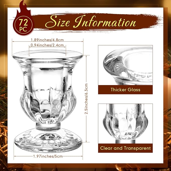 Foaincore 72 Pack Glass Candlestick Holders Bulk 2.5 Inch Taper Candle Holders Small Ritual Candle Stand Table Centerpieces for Wedding Christmas Valentine's Festival Party Dining Decorations (Clear)