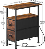 HOOBRO End Table with Charging Station, Narrow Side Table with 2 Fabric Drawers, Skinny Nightstand with Storage, Slim Bedside Table for Living Room, Small Spaces, Rustic Brown and Black BF487UBZ01