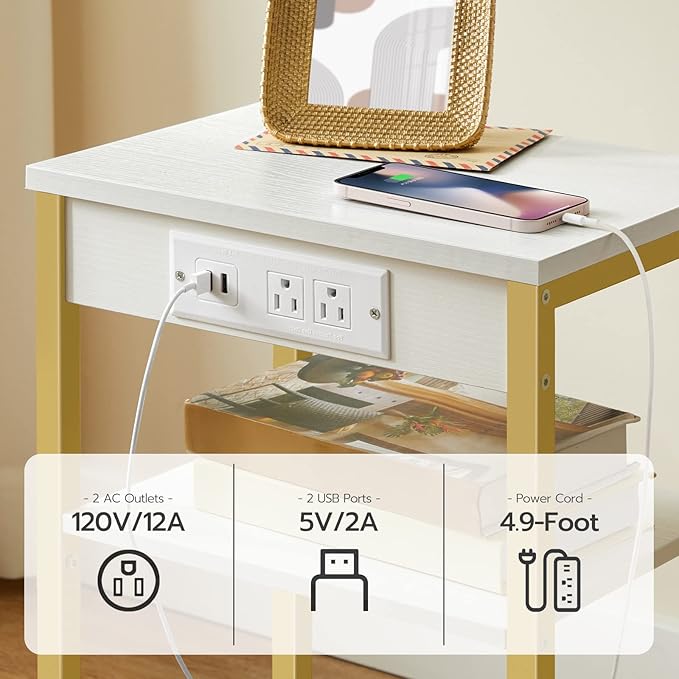 HOOBRO End Tables Set of 2 with Charging Station and USB Ports, 3-Tier Nightstands with Adjustable Shelves, Small Side Tables for Small Space in Living Room, Bedroom, White and Gold DW112BZP201G1