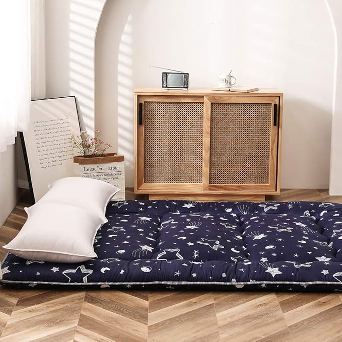 MAXYOYO Navy Star Futon Mattress Japanese Floor Mattress Tatami Floor Mat Foldable Bed Portable Camping Mattress Kids Sleeping Pad Floor Lounger Couch Bed Queen Size