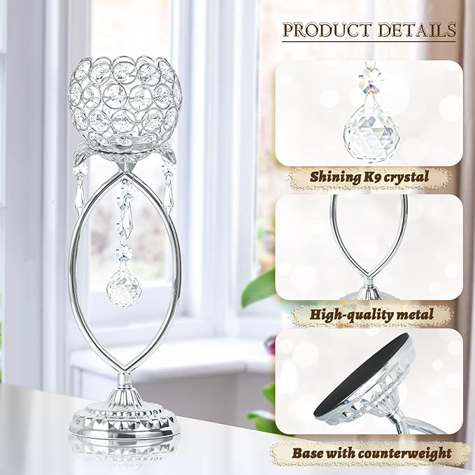 6 Pcs Silver Elegant Metal Crystal Tea Light Candle Holders with Crystal Pendants, Hollow Design - Wedding Table Centerpieces for Anniversary Birthday Party, Home Decor