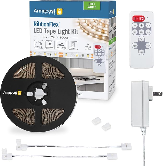 Armacost Lighting 421500 RibbonFlex Soft White LED Tape Light Kit with Remote, 16 ft, 3000k