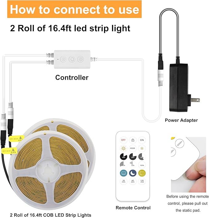 32.8ft COB LED Strip Light White, High Bright LED Strips with 320LEDs, RF Remote and UL Power Supply, 4000K Dimmable LED Lights for Bedroom,Kitchen, DIY Home Decoration, 2 Rolls of 16.4ft