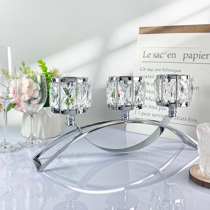 3 Arms Crystal Candle Holders, Arch Candlestick Table Candelabras Centerpieces for Wedding, Dinning Room, Cabinet Ornaments, Home Decoration， Gift (3-arm Arched, Silver)