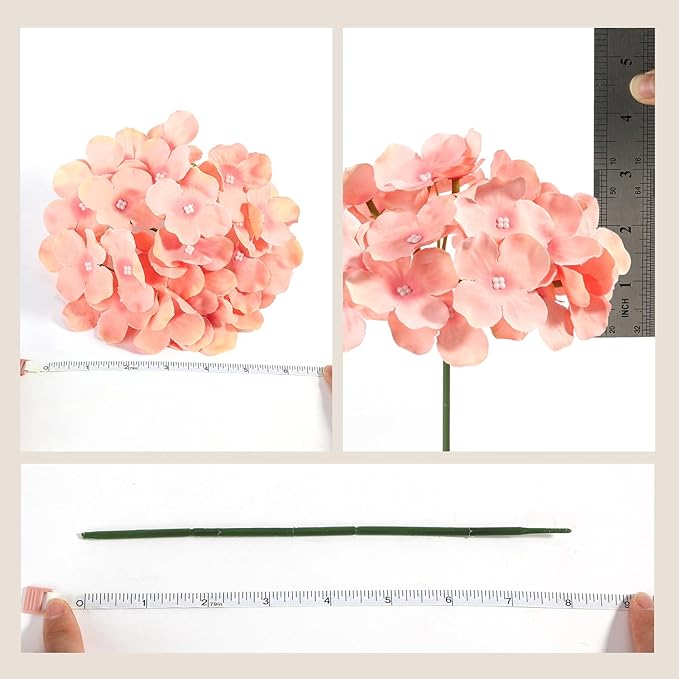 Auihiay 64 PCS Full Hydrangea Flowers, Silk Hydrangea Artificial Flowers Heads with Stems, Artificial Flowers for Wedding, Garden, Baby Shower, Party, Outdoor Indoor Decoration (Light Peach)
