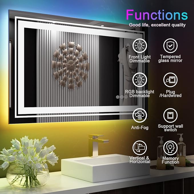 LED Mirror for Bathroom, 40"X32" with 8 RGB Backlit +3 Front Lit (Adjustable Individually), Anti-Fog, Lighted Bathroom Vanity Mirror for Wall, Shatterproof, Memory Function, Tempered Glass