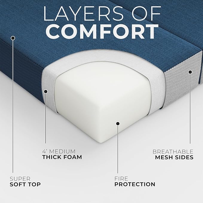 4 Inch Twin Folding Mattress for Floor and Traveling with Removable Cover - Lightweight and Portable Mattress for Adults & Kids - Compact and Easy to Storage (75in x 39in x 4in)