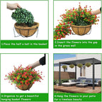 Artificial Hanging Flowers Basket, 12 UV-Resistant Bundles of Realistic Fake Flowers, Faux Plants for Outdoor Decor, Home, Garden, Porch, Patio, Spring & Summer Decorations, Red