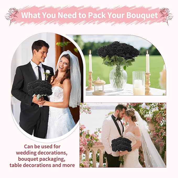 52 PCS Black Artificial Roses Bulk, Fake Artificial Flowers Bridal Bouquet Silk Faux Rose with Stems for Wedding Flowers Decoration, Valentine's Day, Bridal Bouquet, Anniversary, Home Decor (52PCS)