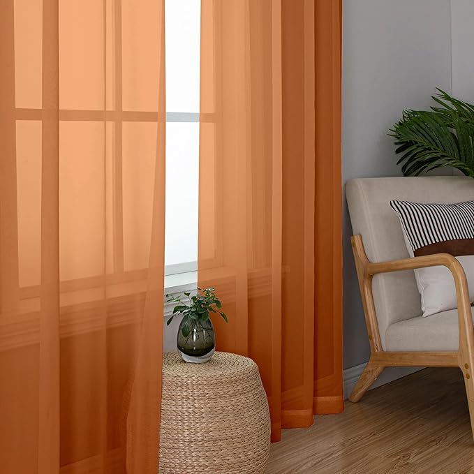 Aiyufeng Orange Sheer Curtains 96 Inches Long 2 Panels Set, Light Filtering Soft Airy Voile Rod Pocket Orange Sheer Window Drapes for Bedroom Living Room, Each 42Wx96L Inches