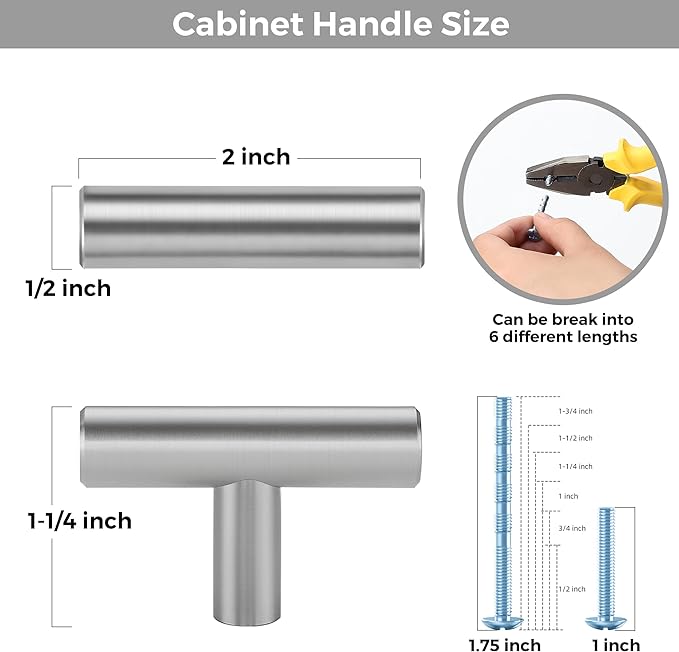 30 Pack Brushed Nickel Cabinet Knobs - Kitchen Silver Pulls for Drawer Stainless Steel Dresser Hardware 2in Length Single Hole T Bar, RDT50LS30