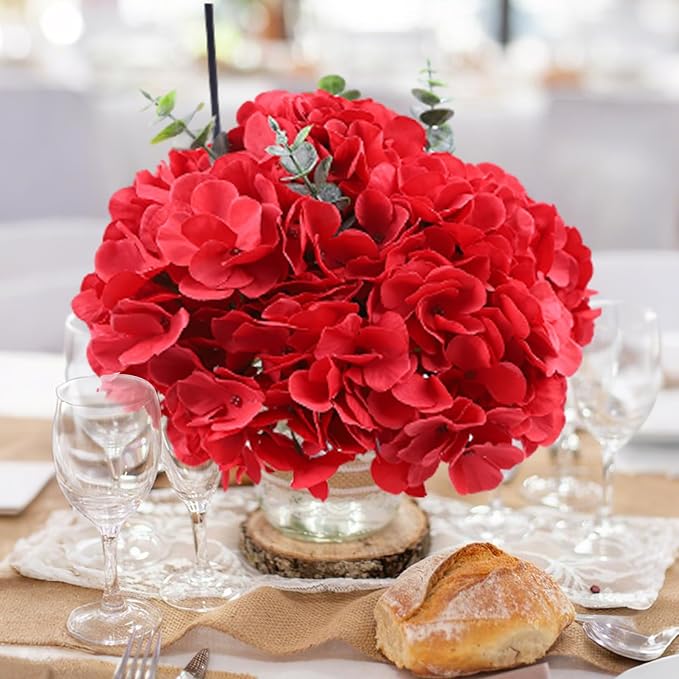 AVIVIHO 65pcs Fake Flowers Red Hydrangea Artificial Flowers Bulk (Not Squished, No Steaming Need) Fake Hydrangeas Silk Flowers with Stems for Party Home,Indoor or Outdoor, DIY Florals Decorations