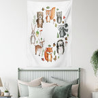 Lunarable Woodland Tapestry, Animals of The Forest Mushrooms Acorns Circular Frame Cartoon Pastel Colors, Wall Hanging for Bedroom Living Room Dorm Decor, 60" X 80", Multicolor