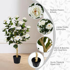 3FT Artificial Camellia Tree, 2 Pack Fake Camellia Tree Artificial Tree, Faux Floral Plants in Cement Pot, Greenery Potted Plant for Indoor Outdoor Home Office Porch Decor (White)