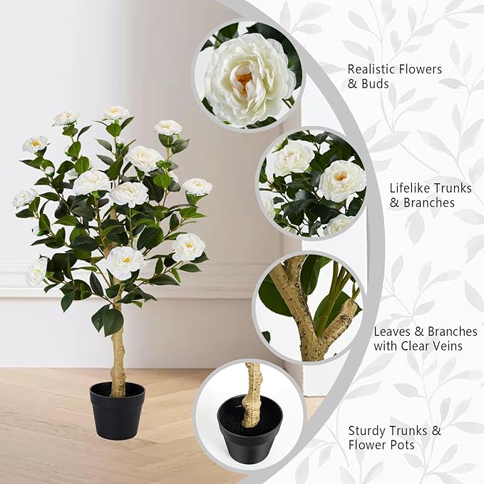 3FT Artificial Camellia Tree, 2 Pack Fake Camellia Tree Artificial Tree, Faux Floral Plants in Cement Pot, Greenery Potted Plant for Indoor Outdoor Home Office Porch Decor (White)