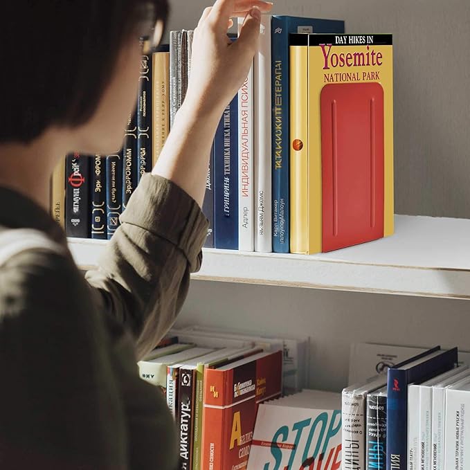 Acrimet Metal Bookends, Non-Skid Book Stand for Shelves, Heavy Duty Book Stopper, 6-7/8" H x 4" W x 4-1/2“ D, Red, 1 Pair