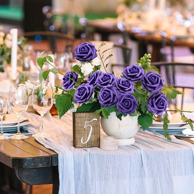 Artificial Flowers Realistic Roses, 50pcs Real Looking Fake Roses with Stem for DIY Wedding Bouquets Centerpieces Bridal Shower Party Home Romantic Decorations (Regular 3" - 50pcs, Dark purple)