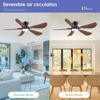 52 Inch Modern Ceiling Fans with Lights, Flush Mount Ceiling Fan with Light and Remote/APP Control, 5 Reversible 6 Speeds Curved Blades, 3 CCT Dimmable Lights for Kids Room, Brown